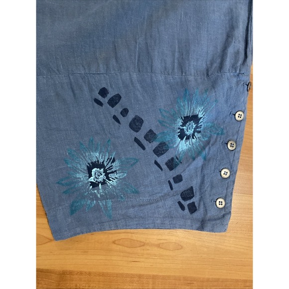 Blue Fish Hand Painted 100% Linen Wide Barrel Leg Blue Floral Artsy Size 1 - Picture 8 of 12